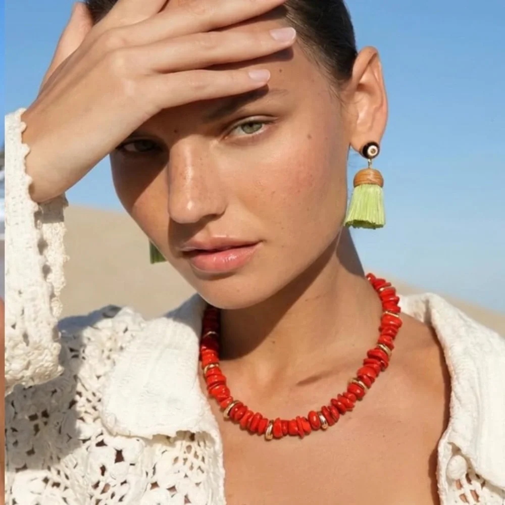 Red Bead Necklace with Gold Accents new